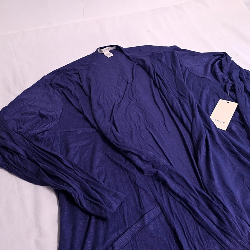 Sejour Cardigan Women 2X Blue Open Front Pockets Slub Knit Soft Drape